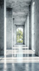 Fototapeta premium Vast Concrete Hall with Columns and Glowing Windows, Minimalist Modern Architecture