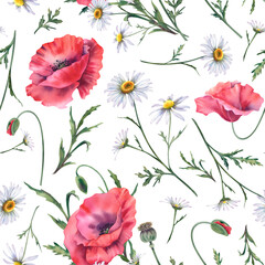 Wildflowers: poppies and daisies on a white background. Seamless pattern of watercolor colors. A hand-painted botanical illustration. A clipart for printing on fabric.