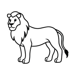 Simple lion illustration standing proudly black and white outline drawing for kids and educational resources