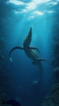 Large aquatic reptile swims toward the surface in blue ocean water, illuminated by sun rays with underwater reef structures