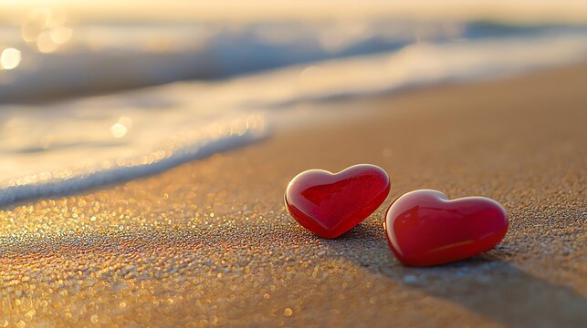 Red hearts on sandy beach with gentle waves.