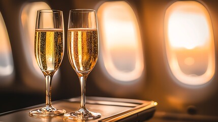 Two glasses of champagne on a plane table.
