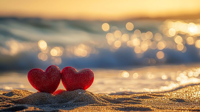 Two red hearts on a sandy beach at sunset. - Powered by Adobe