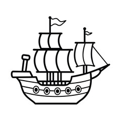 Cartoon galleon ship vector illustration with black outlines,pirate vessel icon for childrens designs and creative projects