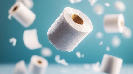 Toilet paper roll is flying through the air with other toilet paper rolls. Concept of chaos and disorder, as the toilet paper rolls are scattered in various directions