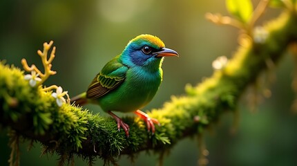 Obraz premium Colorful small bird perched on branch in nature