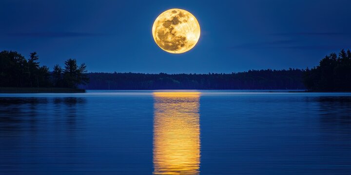 A massive supermoon making the entire lake glow in a soft golden light.