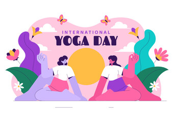 International Yoga Day Vector Illustration on June 21, featuring a Woman Practicing Yoga Poses or Meditation in a Flat Style Healthcare Background