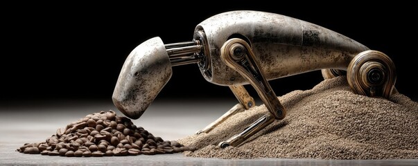 Hungry dog in dry foods mound licking feast concept. A robotic dog exploring a pile of sand and coffee beans.