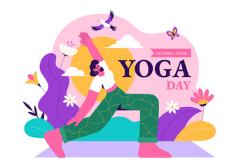 International Yoga Day Vector Illustration on June 21, featuring a Woman Practicing Yoga Poses or Meditation in a Flat Style Healthcare Background