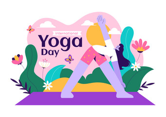 International Yoga Day Vector Illustration on June 21, featuring a Woman Practicing Yoga Poses or Meditation in a Flat Style Healthcare Background