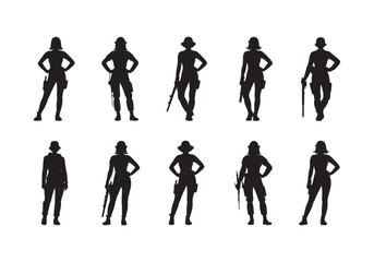 Silhouettes of women in military outfits holding weapons, female soldier vector set