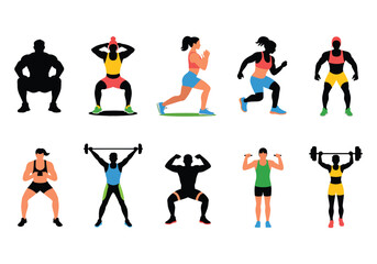Colorful silhouettes of men and women performing fitness exercises, gym and training poses