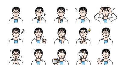 眼鏡をかけた若い女性の様々な表情バリエーションセット