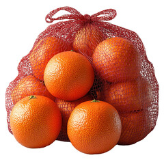 angerines in a red mesh bag isolated on transparent background
