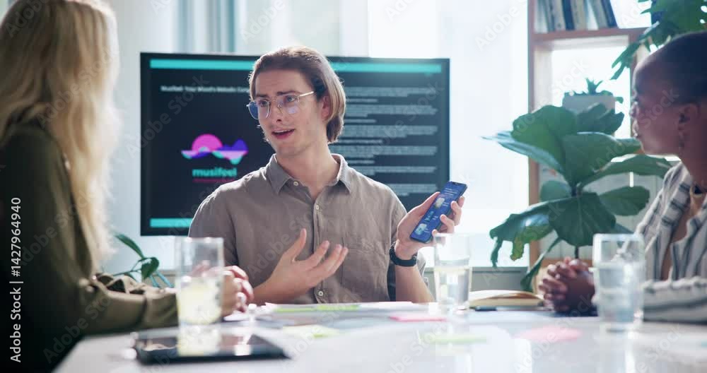 Poster Man, phone and screen for presentation for app development, explain UI or application functions for funding. Meeting, pitch for investors or collaboration, mobile tech and UX designer in boardroom