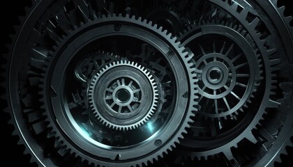 Interlocking metal gears on a stark black background illustrate mechanical engineering and industrial technology