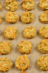 A top-down shot of baked soy patties arranged on parchment paper, showcasing their golden-brown color and textured surface