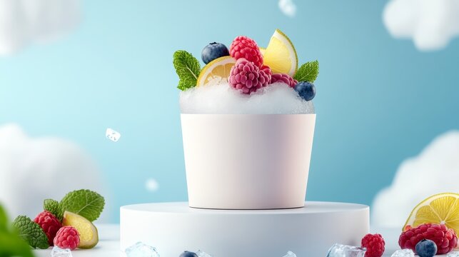 White cup filled with fruit and ice, including raspberries, blueberries, and a lemon - Powered by Adobe