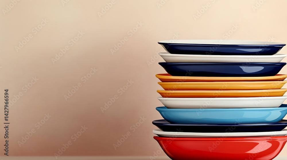Poster stack of plates with different colors and sizes. the plates are piled on top of each other, creating