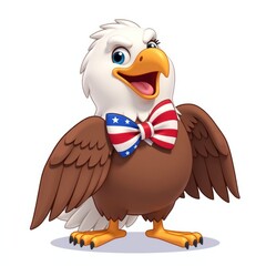 Naklejka premium Patriotic American Bald Eagle Cartoon Character Wearing Bow Tie Independence Day Mascot Illustration