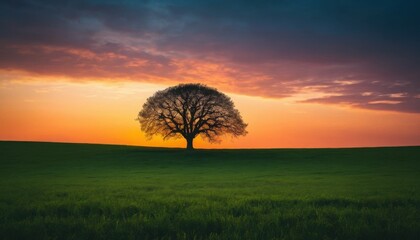 Golden sunset paints the horizon over a lonely green field, a silhouette of trees under the cloudy sky