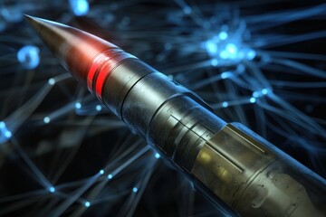 Advanced missile technology showcased with high-tech digital network background