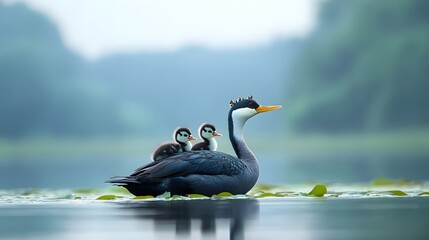 A grebe with chicks riding on its back in a lake