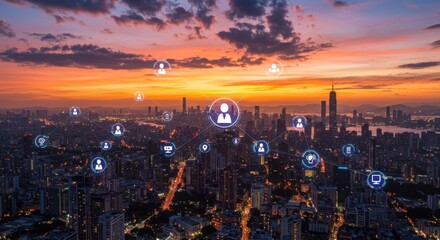 Digital network connections over a city skyline at sunset  