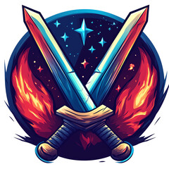 Naklejka premium Illustration - Crossed Swords, Fire, Stars, and Space Background