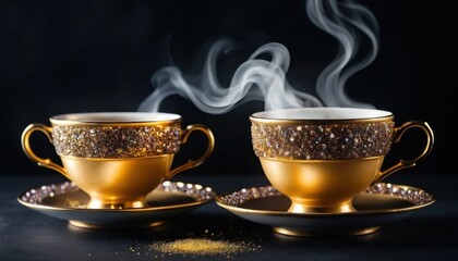 Hot coffee and tea cups with steam on saucers for a cozy breakfast morning