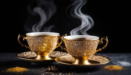 Hot coffee and tea cups with steam on saucers for a cozy breakfast morning
