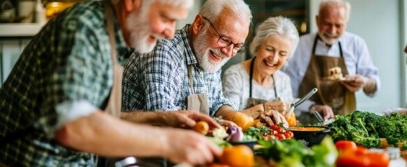 Seniors engage in cooking activity together while preparing a healthy meal in a bright kitchen