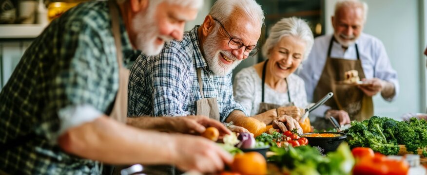 Seniors engage in cooking activity together while preparing a healthy meal in a bright kitchen