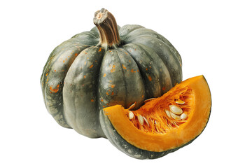 Whole green pumpkin with a cut slice exposing bright orange flesh and seeds isolated on white transparent background, great for autumn themes and decorations