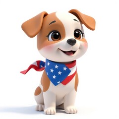Adorable Cartoon Puppy Wearing Patriotic USA Bandana 3D Rendered Cute Dog Image