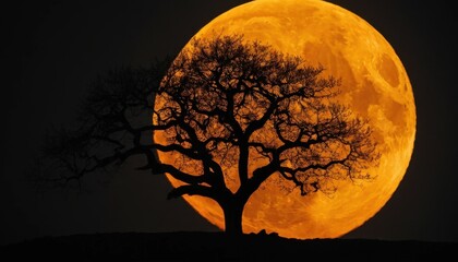 A dark silhouette of a tree stands against an orange moon in a Halloween night landscape under a blue-tinged sky