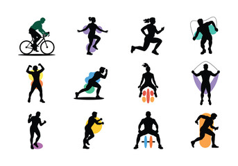 Colorful vector silhouettes of people performing fitness exercises and sports activities