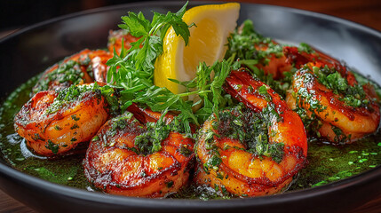 Gambas al ajillo con perejil fresco y rodaja de limón servidas en plato negro con salsa verde.

