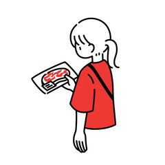 ちょっといい肉を買おうか迷っている女の子のイラスト