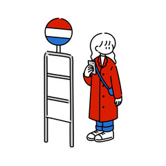 予定通りにバスが来なくて1本逃したのかもと不安になる女の子のイラスト