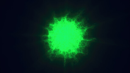 A vibrant green energy sphere burst emanating outward against a dark background symbolizing nature vitality and power