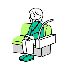 電車の端の席を確保できて落ち着く女の子のイラスト