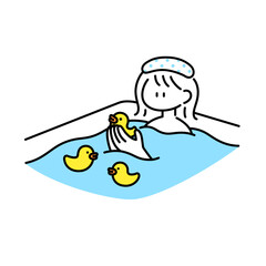 お風呂でアヒルと戯れる女の子のイラスト