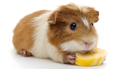 Fototapeta premium Chubby Guinea Pig Holding Tiny Banana – Funny Pet Close-Up on White