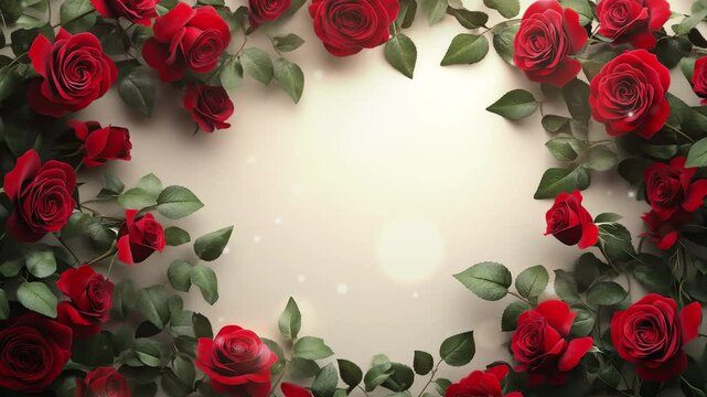 Red rose flowers and leave frame with beige background, copy space for design, text