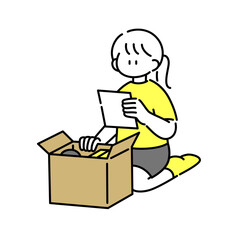 懐かしい物を発掘してしまい片付けが進まない女の子のイラスト