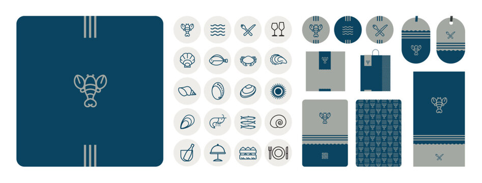 Image de marque pour un restaurant de fruits de mer, poissons, crustac&eacute;s, viviers, cri&eacute;e,  poissonnerie, march&eacute;, grossiste, branding, logo, ic&ocirc;nes, embl&egrave;me homard, symbole, Bretagne