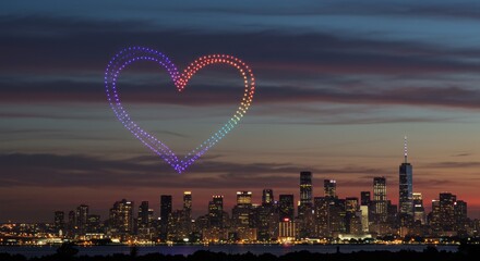Rainbow colored drone light show forming a heart shape in the sky over a city skyline at dusk during Pride month.