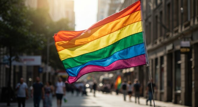 Rainbow flag waving in wind with blurred crowd walking on street in city during day, representing lgtbq community support for pride parade event and freedom concept